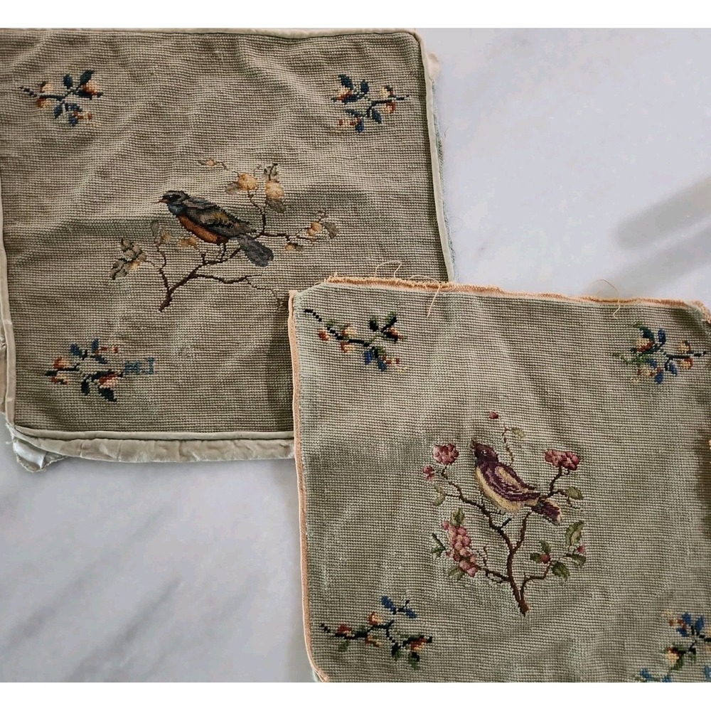 2 Vtg Needlepoint+ Petit Point Bird Pillow Covers TOPS ONLY Repurpose? Olive Grn